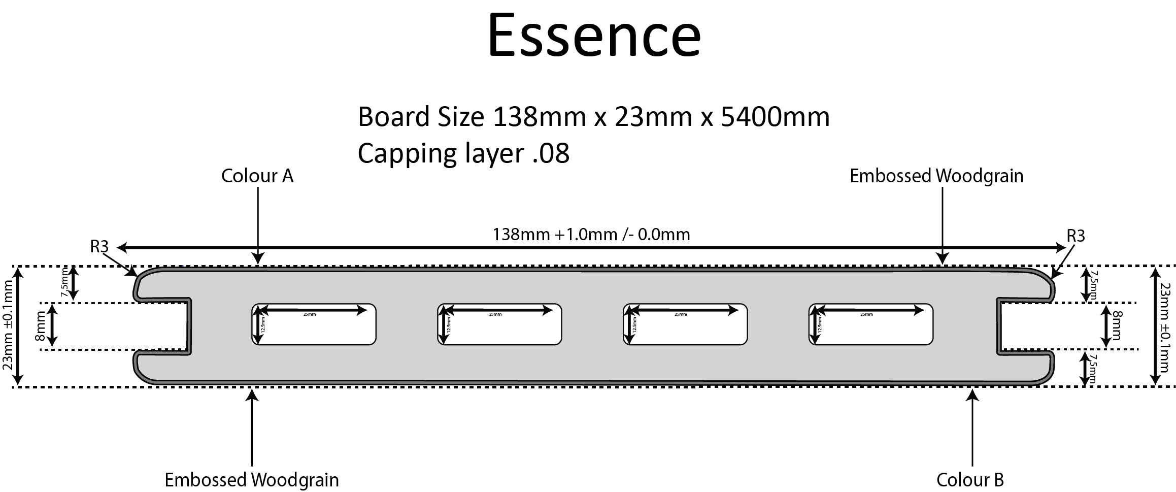 UltraDeck Essence Teak profile cross-section with dimensions
