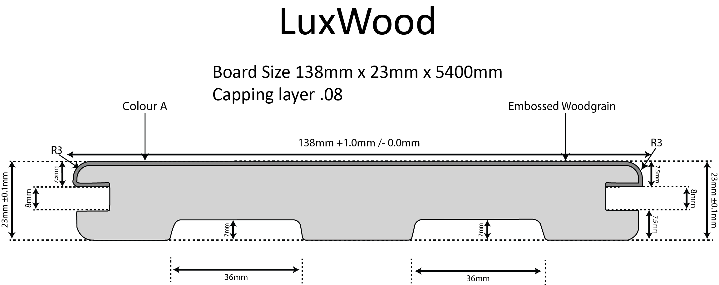 UltraDeck LuxWood Charcoal profile cross-section with dimensions